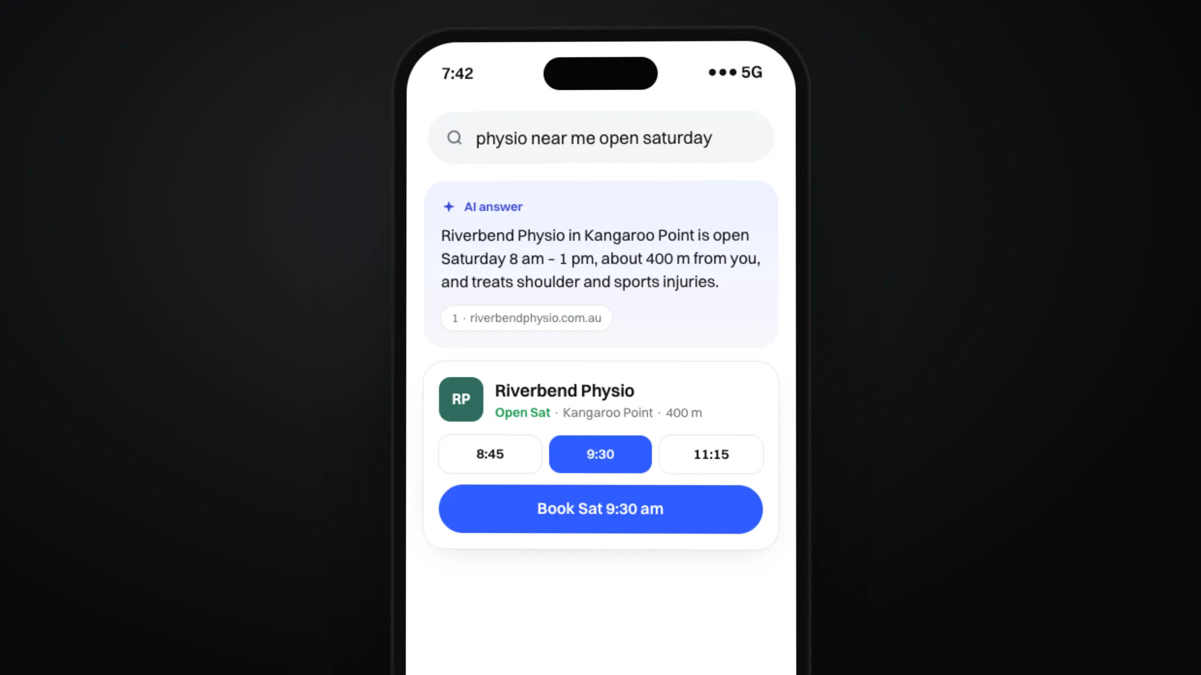 A phone showing an AI answer that recommends a local physio and offers a Saturday booking time