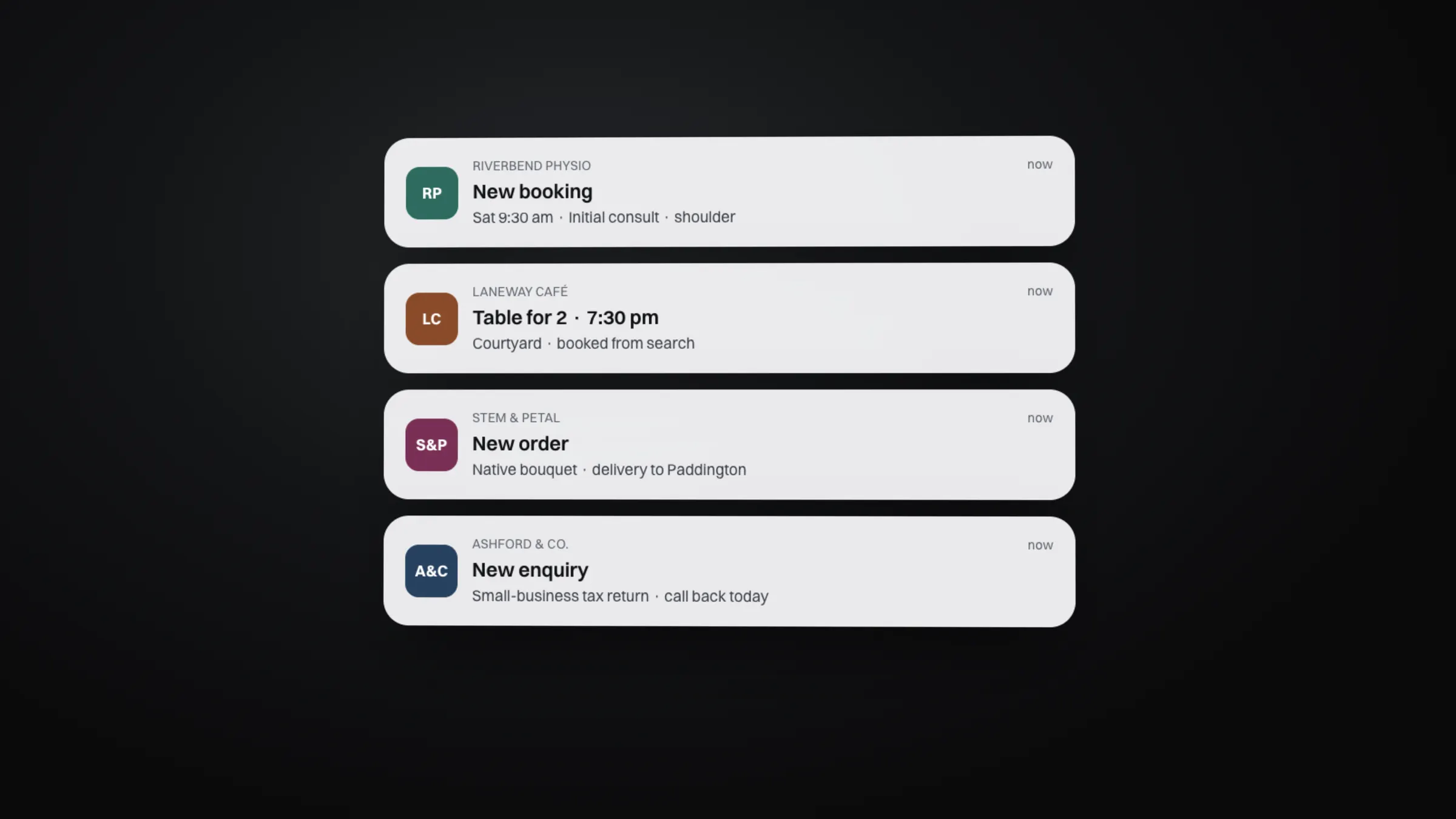 Notifications for a new booking, table reservation, order and enquiry arriving from search