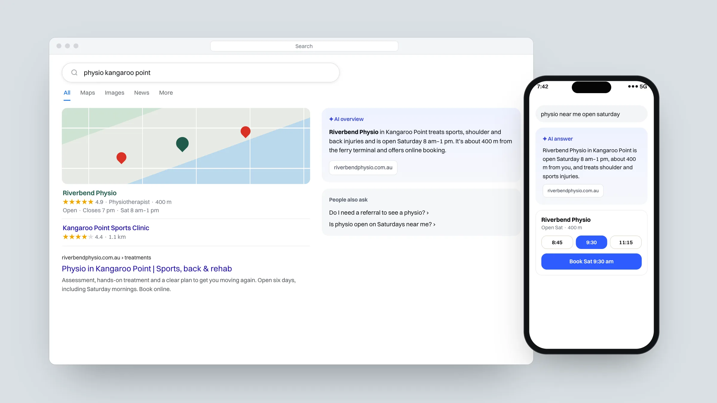 Example Google results for a local physio, with the map listing, an AI Overview and the clinic's website